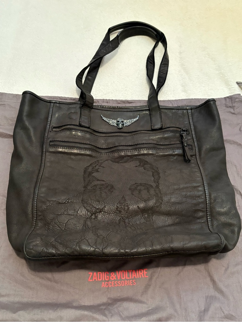 Vintage Zadig & Voltaire Black Leather Tote with Skull Emboss